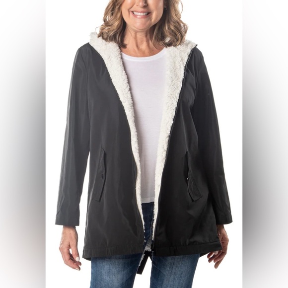 Linda Anderson Black Hooded Rain Jacket with Sherpa Lining. Size XXL - Picture 2 of 14